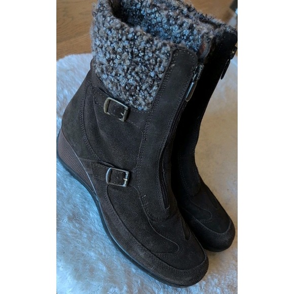 US 8.5/EU 38.5 Aquatalia Womens Brown Suede Zip Up Wedge Knit Ankle Boots Buckle - Picture 2 of 7
